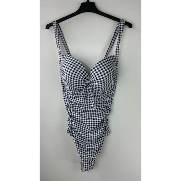 Torrid Navy Gingham Tie Front Wireless Ruched One-Piece Swimsuit Plus Size 4 4X - Picture 15 of 16